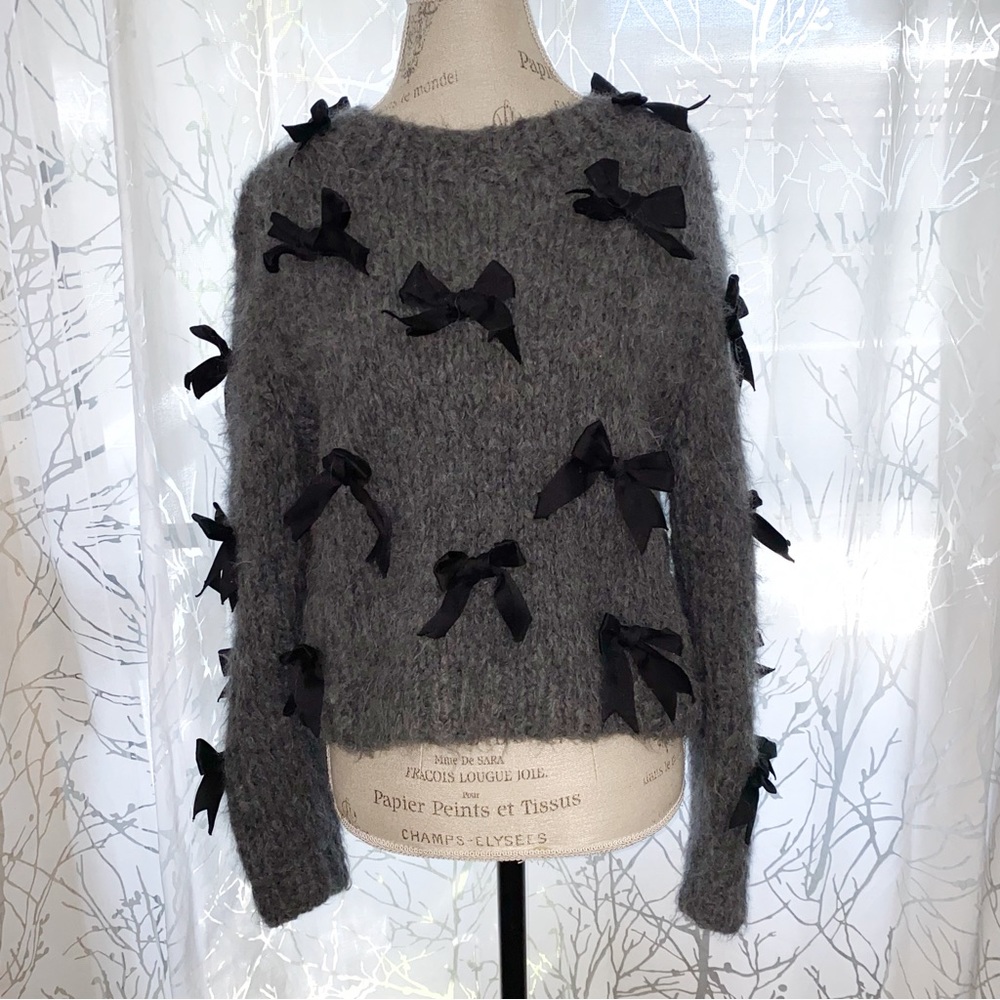 SEA New York pippy gray black ribbon bow chunky knit wool sweater - Picture 7 of 10